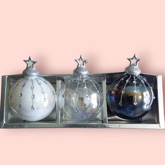 34th & Pine Iridescent Glass Ornament Jeweled Glitter White Clear Black 3pc NIB - Picture 10 of 13